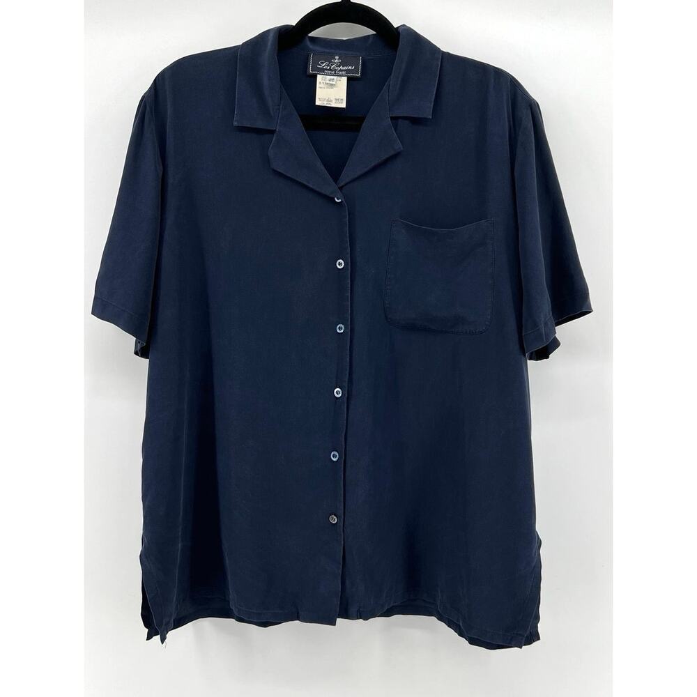 Vintage Les Copains | Silk Camp Shirt Navy Blue Italy Women's Size 48/L